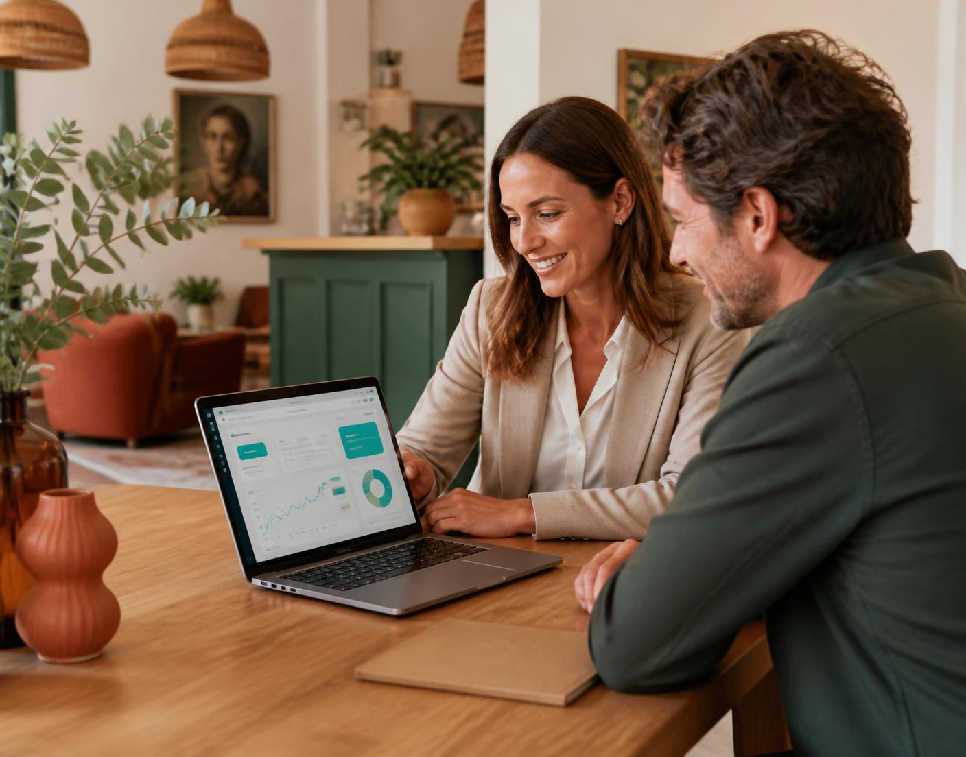 Hotelberaterin und Hotelier besprechen Visitor Hotel Software